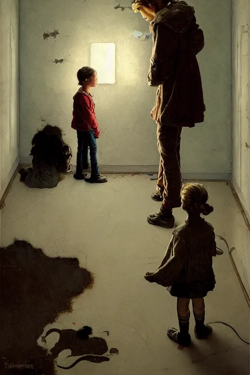 Image similar to a 1 2 year old boy and 3 year old girl looking at a wall full of ghosts, part by norman rockwell, part by greg rutkowski, part by mattias adolfsson, high angle, ( ( ( ( volumetric lighting ) ) ) ), oil on canvas