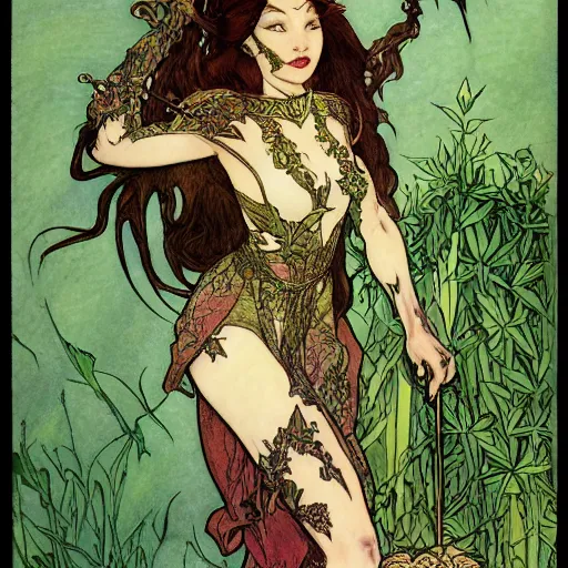 Image similar to a beautiful tarot card of poison ivy as a medieval chinese princess, dark eyeliner, intricate, elegant, highly detailed, digital painting, artstation, concept art, matte, sharp focus, illustration, art by rebecca guay and by arthur rackham and by alphonse mucha and by john william waterhouse