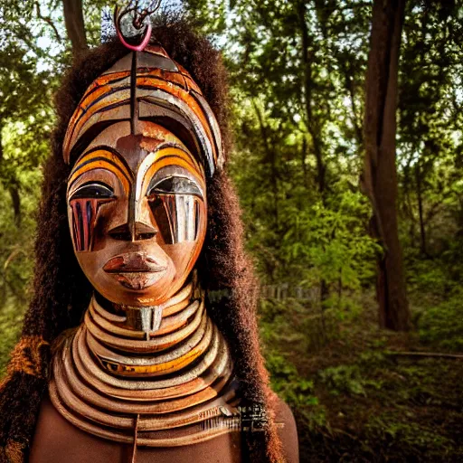 Prompt: dogon woman wearing traditional dogon tribal mask standing in a clearing in the deep forest, rays of the sun, caustics, realistic, photography, photojournalism, national geographic photoshoot, inner glow, shimmer, sparkle, smoke, dust