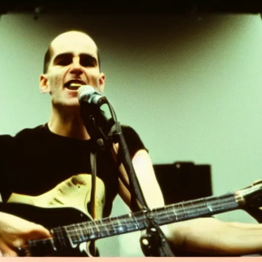 Image similar to Fugazi live 1992, live at Lollapalooza, Ian MacKaye, Guy Picciotto, punk rock, alternative rock, VHS quality, MTV footage