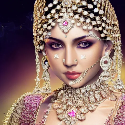 Image similar to portrait of wonderful hindi princess of white diamonds with fair skin, white flowers, ornate with white diamonds, 8 k, gorgeous, intricate, detailed, glowing white accent lighting, dramatic lighting, octane render