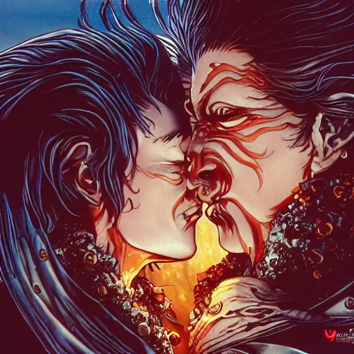 Prompt: closeup of melting kissing vampires, catelvania, by yoichi hatakenaka, masamune shirow, josan gonzales and dan mumford, ayami kojima, takato yamamoto, barclay shaw, karol bak