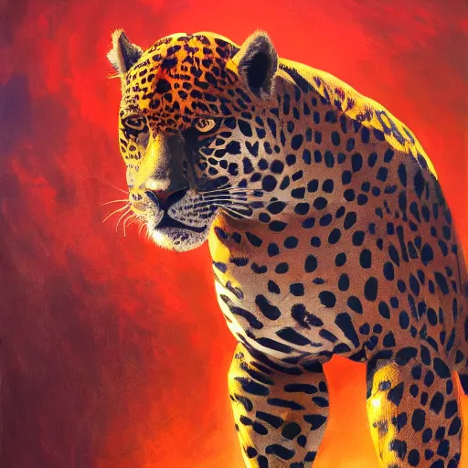 Image similar to mighty jaguar in summer nigt, beautiful colours, sharp textures, biotechnology, nikolay georgiev, alex ross, bruce pennington, donato giancola, larry elmore, masterpiece, oils on canvas, trending on artstation, featured on pixiv, cinematic composition, sharp, details, hyper - detailed, hd, hdr, 4 k, 8 k