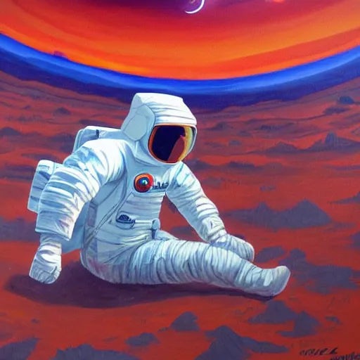 Image similar to an astronaut laying on mars in the style of flooko, acrylic art, detailed, moonlight