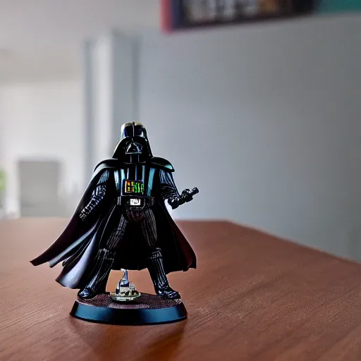 Image similar to Darth Vader collects miniature battles of Warhammer 40,000 space marine figurines on his desktop at a table with a bright lamp, realism, depth of field, focus on Darth Vader,