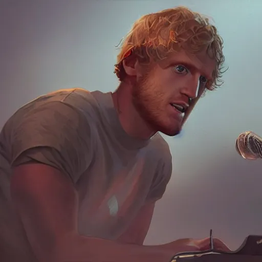 Image similar to Logan Paul giving a podcast On the radio , artstation, Greg rutkowski, cinematic, digital Art