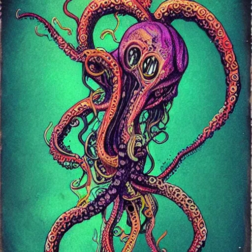 Image similar to the beautiful female creature with tentacles all over her soul rpping it from her body, wispy horrors, acid colors, polaroid pic by realistic horrors