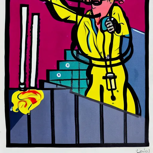 Image similar to a burning chemist in a white coat, modern pop art