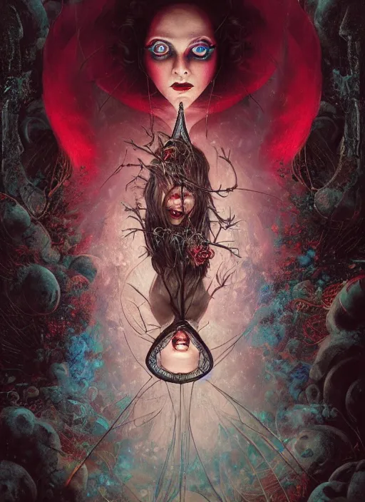 Prompt: queen of hearts the magician tarot card, highly detailed, cinematic, 8 k, by megan duncanson, stanley artgermm, tom bagshaw, craig mullins, carne griffiths, ayami kojima, beksinski, giger, trending on deviantart, hyper detailed, horror, full of colour