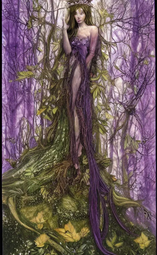 Image similar to fey queen of the summer forest, dress of leaves, fine features, thin, young, clothed, silver shimmering hair, by brian froud, stars, night colors, night, darkness, purple blue black, oil on canvas, oil panting