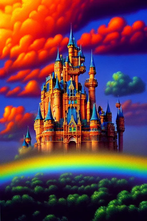 Image similar to a hyperrealistic painting of an epic ornate rainbow castle in the clouds at sunset, cinematic horror by chris cunningham, lisa frank, richard corben, highly detailed, vivid color,