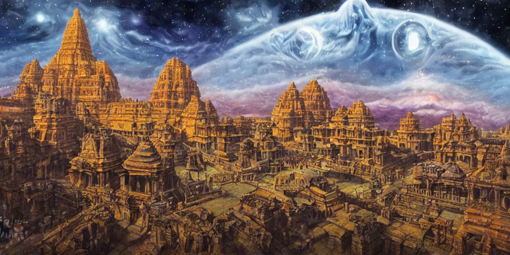 Image similar to fantasy oil painting, mega structure city, indore, kailasa temple, ellora, angkor wat, hybrid, looming, small buildings, warm lighting, street view, overlooking, interstellar space port launching dock, epic, distant mountains, bright clouds, luminous sky, cinematic lighting, michael cheval, david palladini, artstation, oil painting, natural tpose