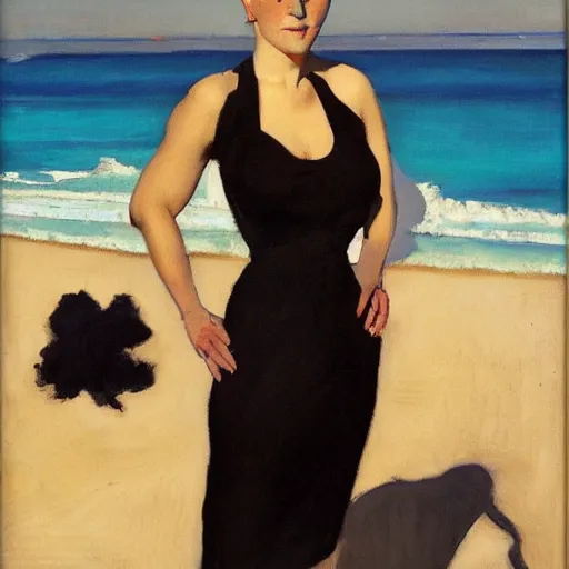 Image similar to woman on the beach in black dress, full body, leyendecker style, camera glare in oil style,