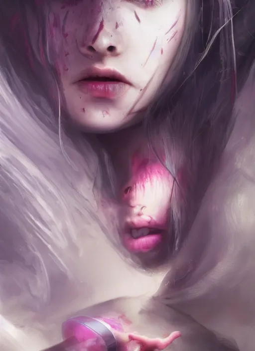 Image similar to profile of sinister girl with pouty aerochrome lips, fungal, adorable, cute bandaid on nose!!, expressive eyes, playful pose of a demon, greg rutkowski, charlie bowater, yuumei, stephen gammell, unreal 5, daz, hyperrealistic, octane render, rpg portrait, dynamic lighting, fantasy art, beautiful face