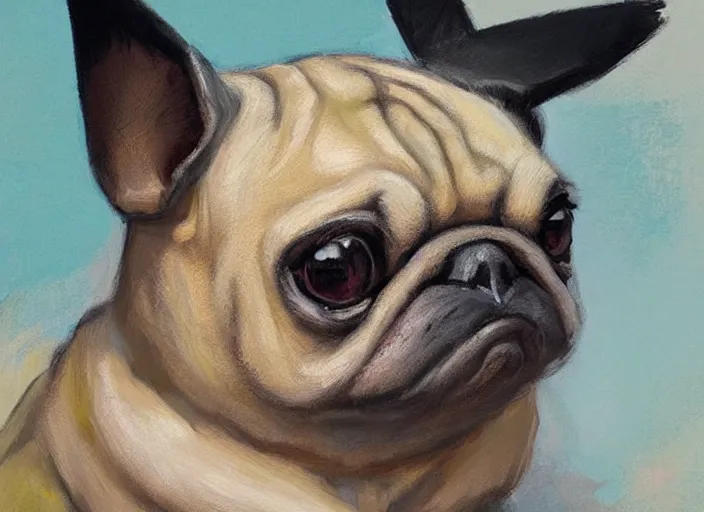 Image similar to a highly detailed beautiful portrait of a pikachu that looks like a pug, by gregory manchess, james gurney, james jean