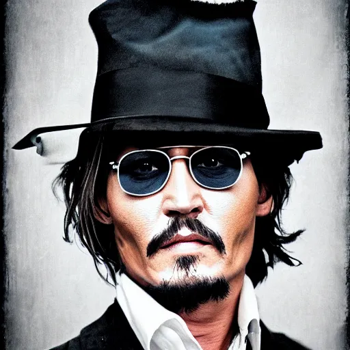 Image similar to portrait of johnny depp as a mafia boss, symmetrical, nikon 3 5 mm photography, ultrarealistic