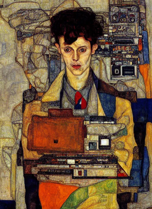 Prompt: creative coder with a computer, by egon schiele, portrait, colorfull, detail