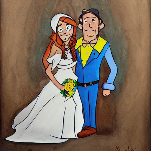 Prompt: beautiful painting, wedding couple as gravity falls, by alex hirsch