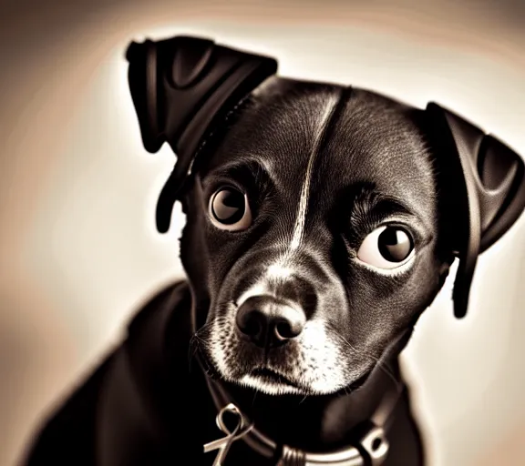 Prompt: a zeiss 8 5 mm f 1. 4 close up photo of a cute steampunk puppy shot by richard avedon