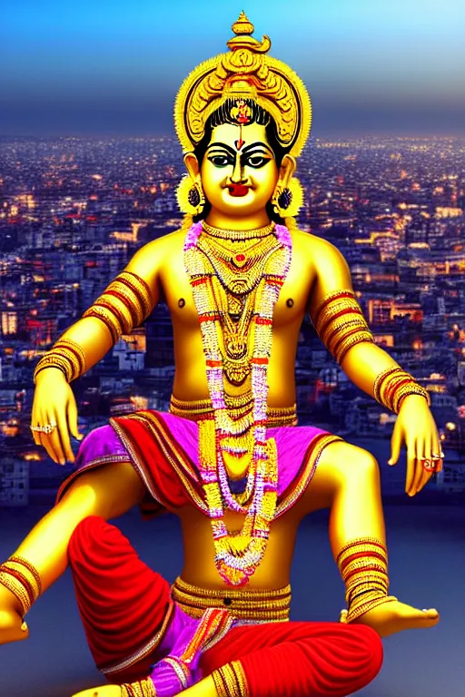 Prompt: high quality 3 d render ultra realistic mischievous hindu god lord krishna sitting, gold madhubani, highly detailed, stunning!! mumbai in the background, unreal engine cinematic smooth, szukalski, moody light, low angle, uhd 8 k, sharp focus