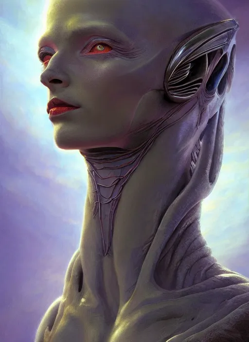 Image similar to biblical beautiful alien female android, bright glowing veins, in clouds, sunset, portrait, studio light, by gerald brom, by peter elson, muted colors, extreme detail, reflections, trending on artstation, 8 k