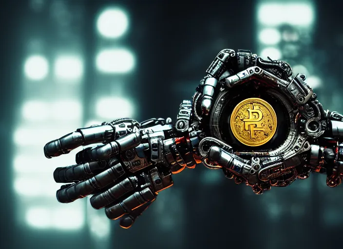 Prompt: mechanical cybernetic hand holding a coin that's worth 1 human soul in hell. centered. horror cyberpunk dystopia style. highly detailed 8 k. intricate. nikon d 8 5 0 3 0 0 mm. award winning photography.