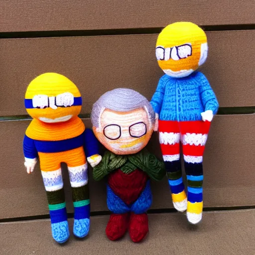 Prompt: hide the pain harold doll made out of yarn