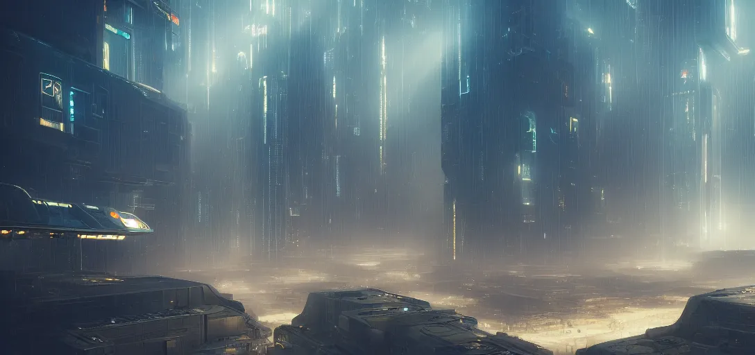 Image similar to view from the desert ground of futuristic mechanical blade runner cubes cyberpunk architecture, light rays, symmetry, cinematic lighting, ultra detailed, sharp, ambient occlusion, bloom, raytracing, by greg rutowski, paul chadeisson and jessica rossier