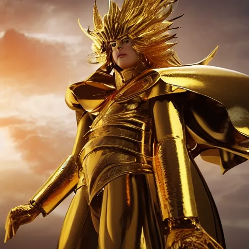 Image similar to a live action menacing, medium close - up, studio studio photographic portrait of the gold saint of geminis from saint seiya : knights of the zodiac, wearing gold armor, gemini gold cloth, in the background is the old temple of athena ( greece ), photoshopped, octane render, hyperrealistic, ultra detailed, symmetrical, 8 k, arnold render