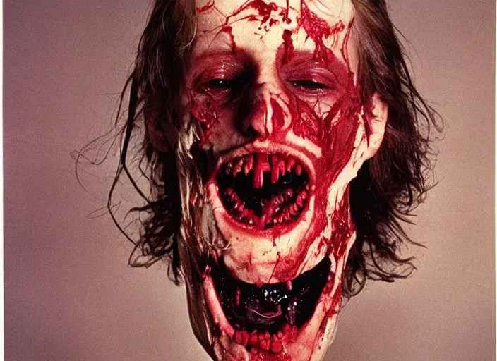 Image similar to disturbing portrait of exploded head crooked teeth blood horror practical fx by david cronenberg 1 9 7 0