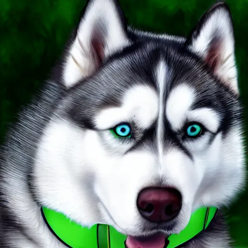 Prompt: A photorealistic portrait of a husky with green eyes and a collar around his neck