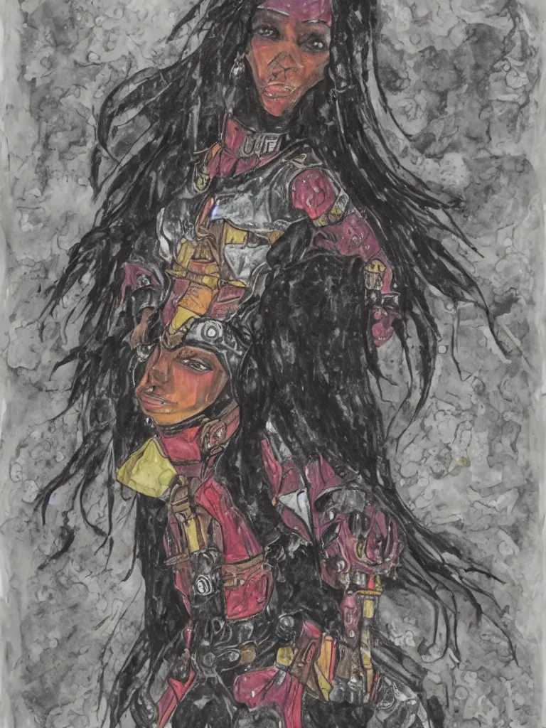 Prompt: Black female paladin leaving holy fire in her wake. Mixed media on paper.