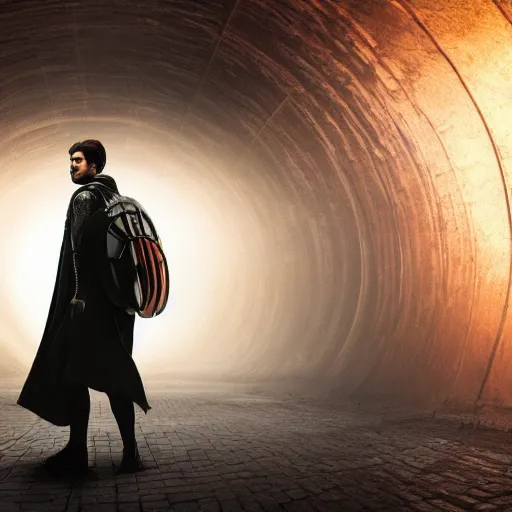 Image similar to sci-fi time traveler nomad wearing a cloak, cape, walking through a neone clock tunnel into another dimension, clocks falling, hdr, glow, sunset, zack snyder cinematography style, dark, cinematic, cinema lighting, highly detailed, ultra realistic, cinematic lighting, 8k