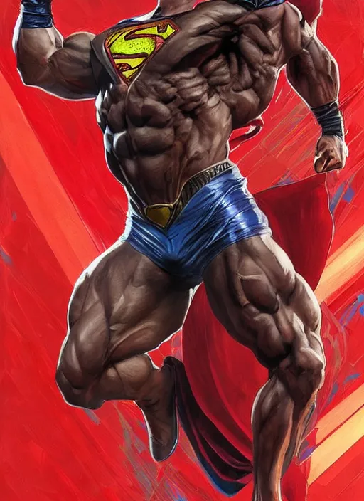 Image similar to portrait of crossfit bodybuilder sprinter superman!, futuristic detailed costume, red and black costume!!!, painted art by tsuyoshi nagano, greg rutkowski, artgerm, alphonse mucha, spike painting