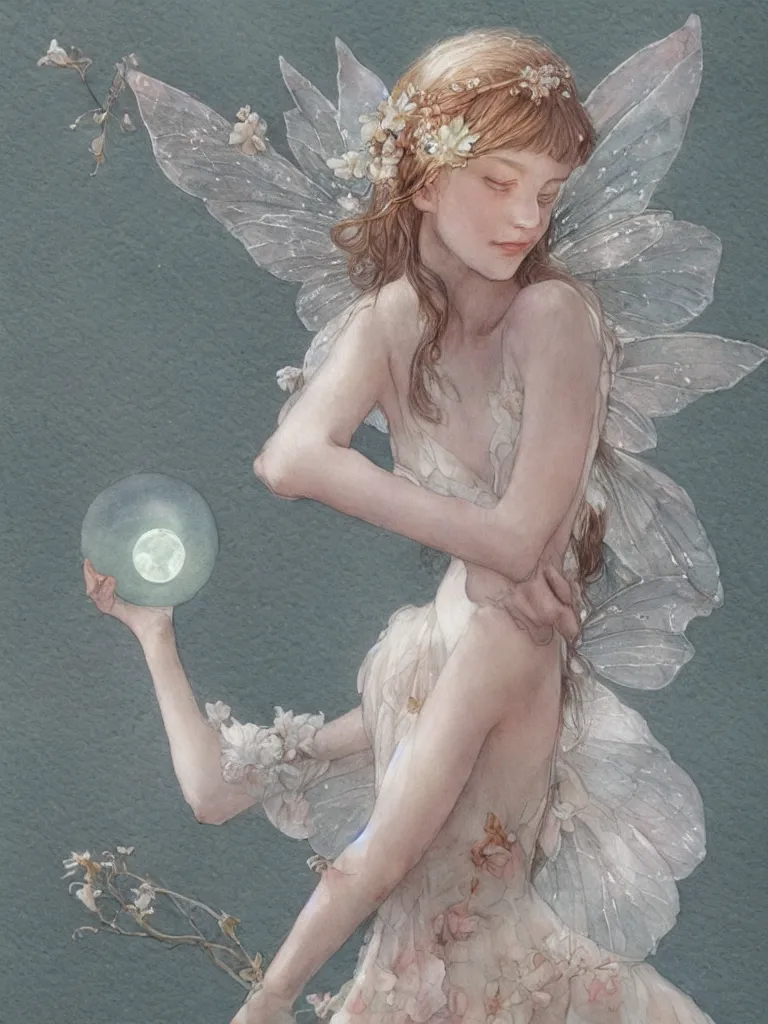 Image similar to study of a flower fairy, holding glowing white orb in hands, illustration, watercolor, alan lee, detailed, pretty, ethereal, realistic, refined, beautiful, artstation,