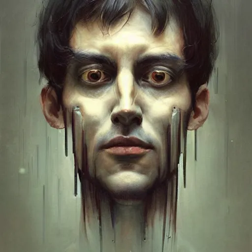 Image similar to surreal portrait of a man by Greg Rutkowski, symmetrical face, he is about 30 years old, short black hair with bangs, his features are a mix between French, Turkish and Russian, transformed into a kind of biomechanical transhuman god, uncany but fascinating, expression of epiphany and determination, cosmic void background, frightening, fascinating, highly detailed portrait, digital painting, book cover, artstation, concept art, smooth, sharp foccus ilustration, Artstation HQ