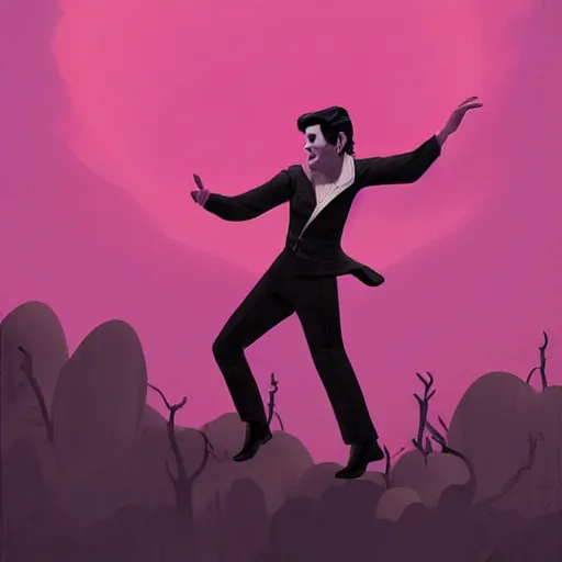 Image similar to a beautiful highly detailed matte painting of elvis presley dancing on stage by atay ghailan, cliff chiang, loish and goro fujita, black, white and pink mystical tones, featured on artstation, featured on behance, grunge aesthetic, spooky