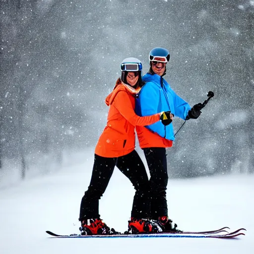 Image similar to happy couple skiing, snowfall, beautiful lighting, 4k