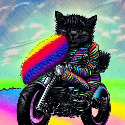 Image similar to wide angle full body, jacket wearing fluffy cute rainbow kitten wearing a black leather motorcycle jacket, riding on a motorcycle, cinematic concept art