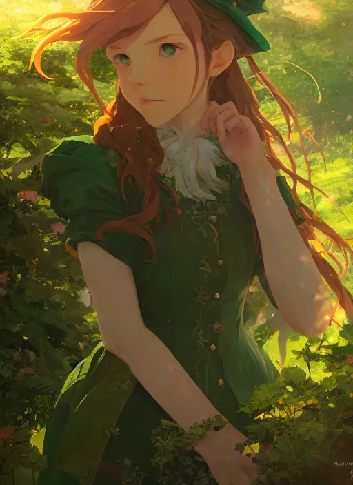 Prompt: a portrait of the emerald herald in the garden, intricate, tone mapped, ambient lighting, highly detailed, digital painting, concept art, sharp focus, by makoto shinkai and hidari and wlop