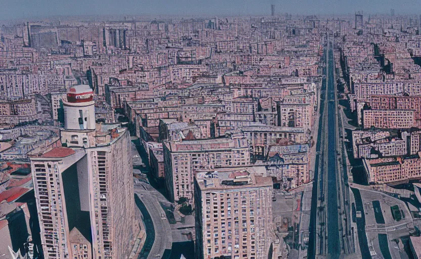 Prompt: high quality 2000s historic footage of soviet boulevard with stanilist style high rise and pedestrians, color aerial photo drone, Cinestill 800t, heavy grainy picture, very detailed, high quality, 4k panoramic