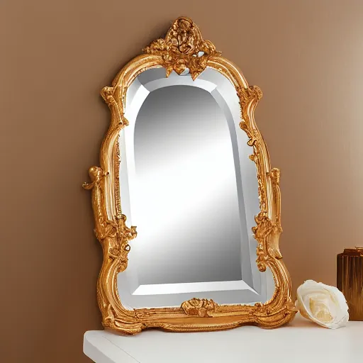 Prompt: modern minimalist golden baroque vanity mirror scattered with rose petals, softly lit, soft femme