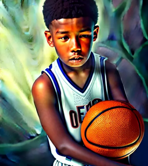 Prompt: portrait of a boy at a basketball court playing basketball wearing a basketball jersey in a basketball court standing near the basketball hoop, intense emotion, detailed facial expression, detailed surroundings, intricate, elegant, highly detailed, centered, digital painting, artstation, concept art, smooth, sharp focus, illustration, by (Steven Spielberg), WLOP