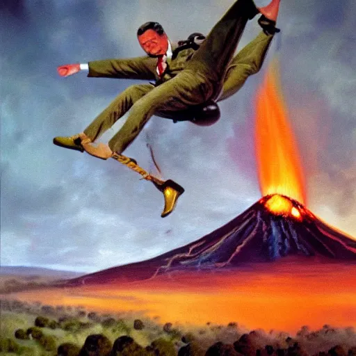 Prompt: oil painting of orson welles falling from a helicopter into a volcano, very high detail, colorful, joyful