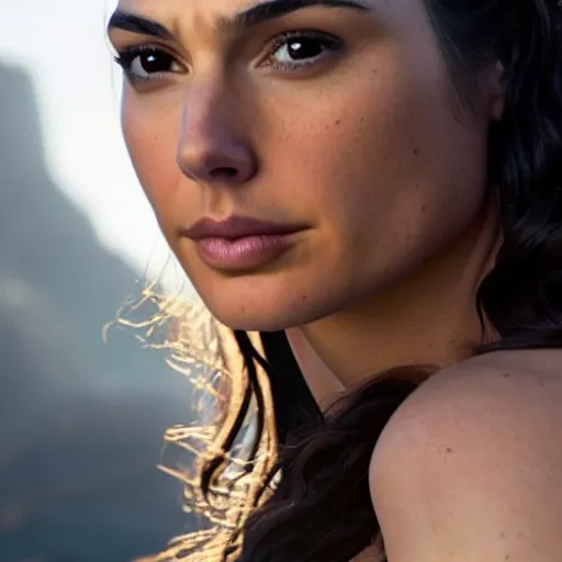 Prompt: a still of gal gadot a beautiful looking off into the distance, wavy long - length black hair, white themyscira dress, beautiful brown eyes, medium shot, with a soft, natural light falling on her face. the focus is on her eyes and brows, which are perfectly shaped and well - defined. by annie leibowitz