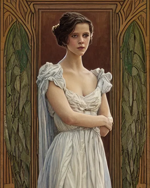 Image similar to an art nouveau painting of a girl resembling alicia vikander or millie bobby brown in a wedding dress, highly detailed, intricate, artstation, by donato giancola