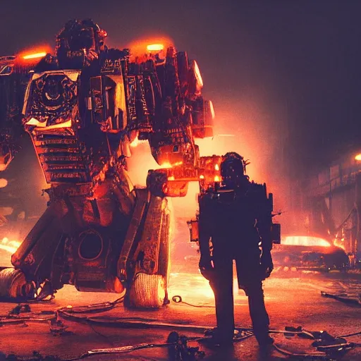 Image similar to mecha made from car parts, dark messy smoke - filled cluttered workshop, dark, dramatic lighting, orange tint, cinematic, highly detailed, sci - fi, futuristic, movie still from blade runner