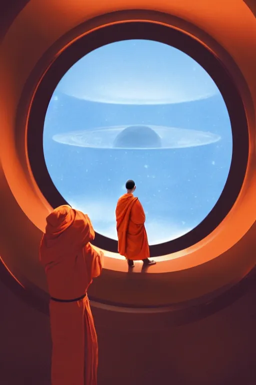 Image similar to portrait of a monk in a spaceship, looking out of a round window at nebula, orange robe, dramatic lighting, artstation, matte painting, ralph mcquarrie