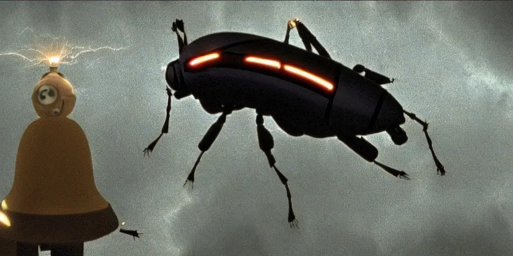 Image similar to lightning bug descendant 1 million in the future is a quadruped with big eyes. the bug wears a spacesuit, and explores the cosmos in a bug - shaped spaceship. science fiction blockbuster movie bugs save the planet or the love bug from saturn, starship troopers ( 1 9 9 7 ), up ( 2 0 0 9 )