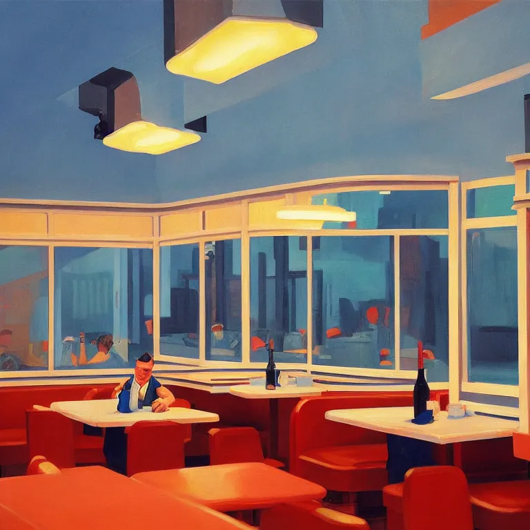 Image similar to inside a diner, painted by Edward Hopper, painted by James Gilleard, airbrush